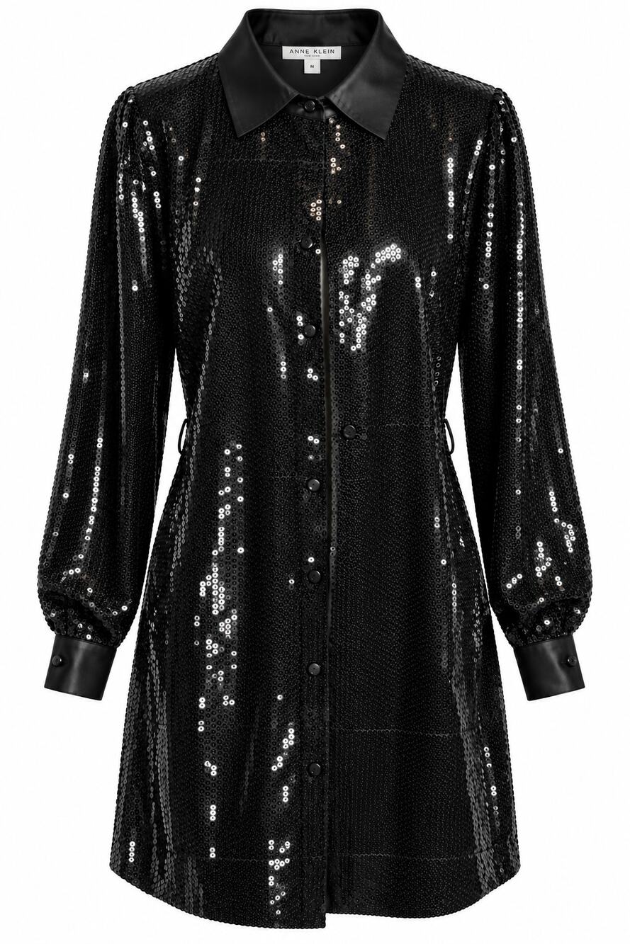 Anne Klein Black Sequin Shirt Dress Mini Dress Belted Satin Collar M